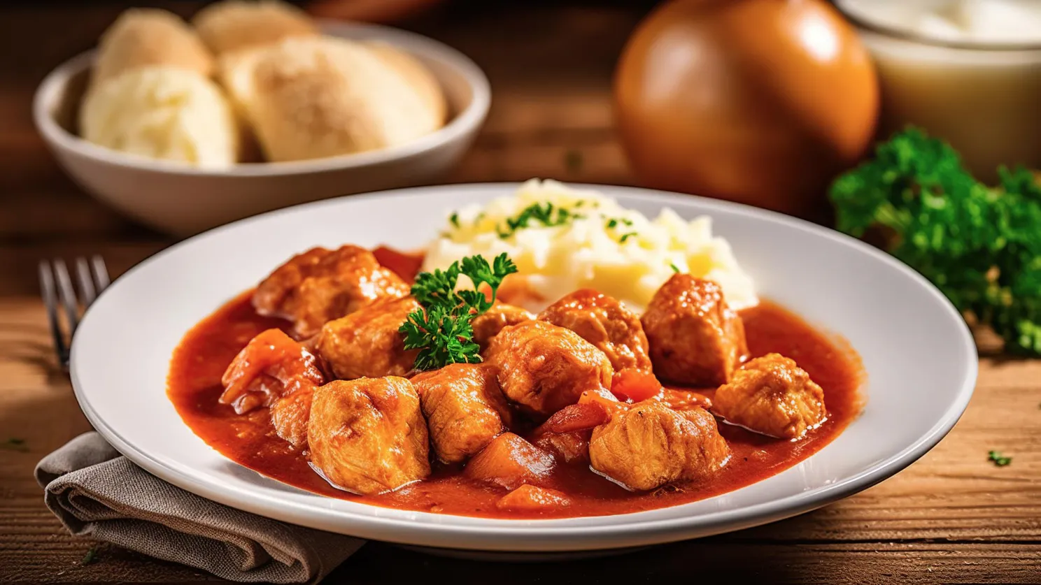 Вкусный гуляш из говядины с пюре